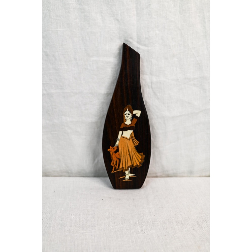 Vintage Exotic Wood Inlay Woman with Deer Wall Hanging Art Decor 10.5x3.5